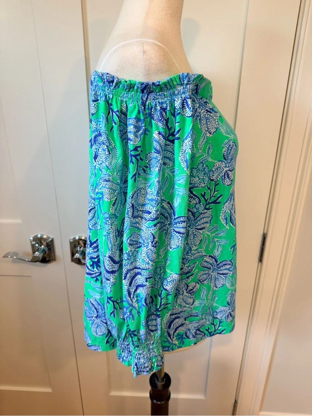 Lilly Pulitzer Aqua and Blue Off-Shoulder Floral Blouse